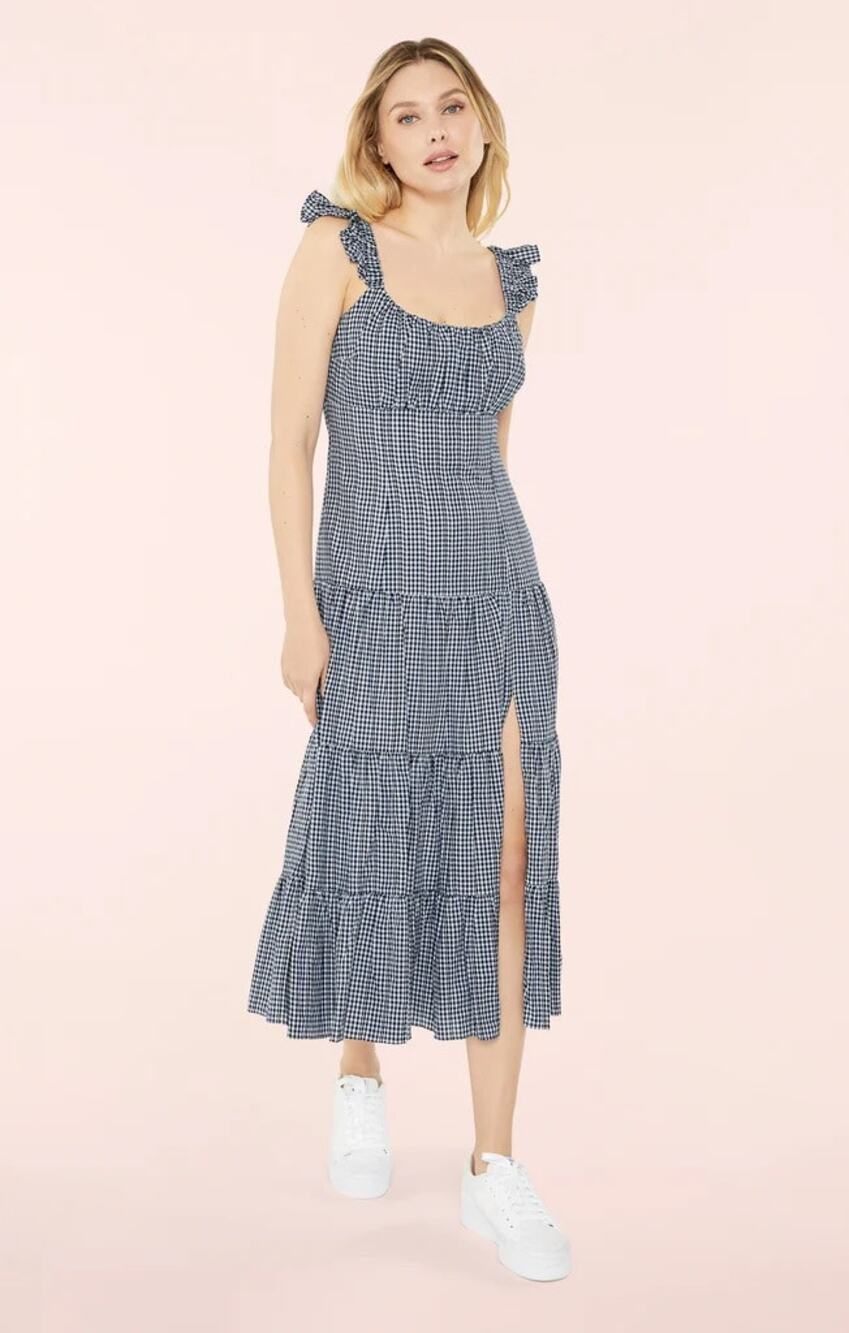 Likely Tomaya Gingham Ruffle Sleeveless Scoopneck Tiered Midi Dress Navy White 2